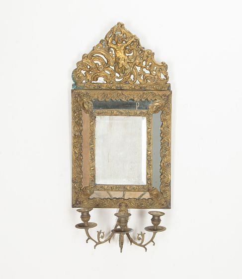 19th Century French Repousse Cushion Mirror with Triple Candle Sconce