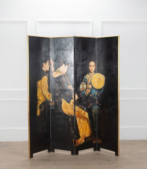 20th Century Chinoiserie Painted Four Panel Folding Screen