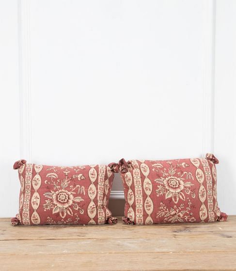 French 19th Century Printed Linen Cushions with Rosette Corners
