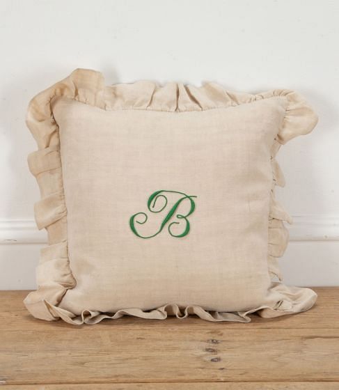 19th Century French Green 'B' Monogram Customised Linen Cushion with Frilled Edging