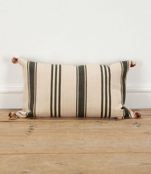 19th Century French Charcoal Grey Stripe Hemp Cushion