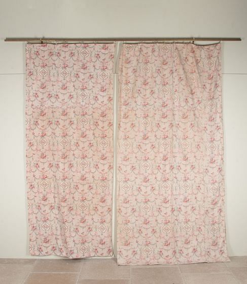 Large Set of 19th Century French Roses & Birds Linen Cotton Curtains