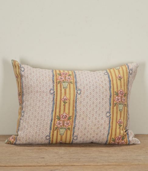 19th Century French Pink Flowers in Vases Stripe Linen Cushion