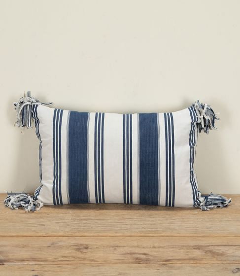 19th Century French Indigo Linen Ticking Cushion