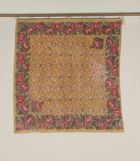 19th Century French Cotton Foulard with Block Printed Rose Pattern