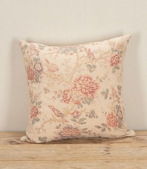 19th Century French Birds and Flowers Linen Cushion