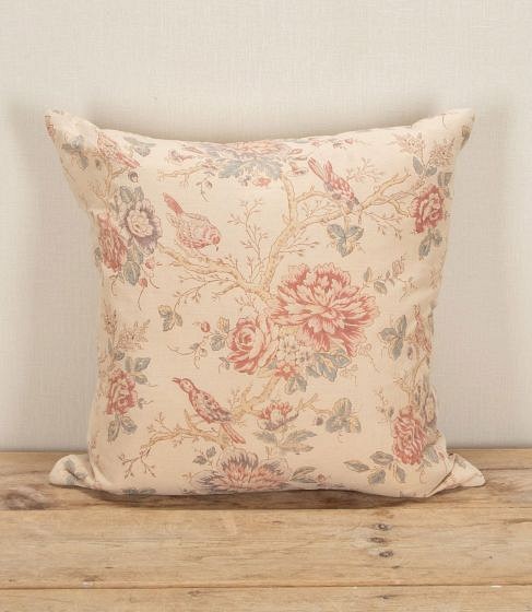 19th Century French Birds and Flowers Linen Cushion