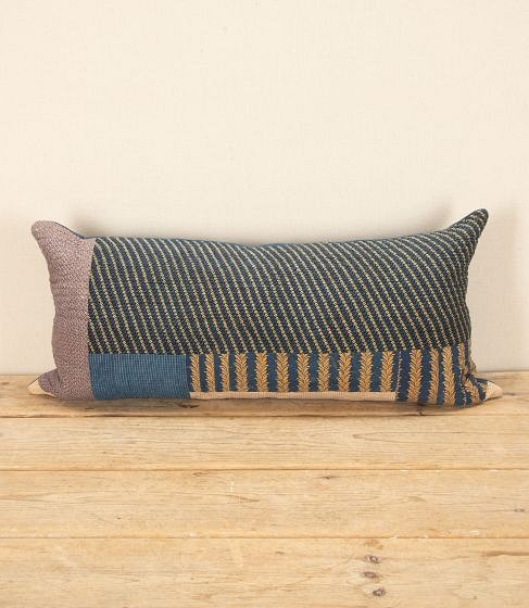 18th Century French Indigo and Saffron Yellow Patchwork Cushion