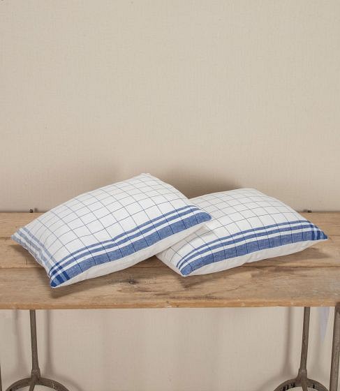 Pair of 20th Century Hungarian Grain Sack and Linen Cushions with Navy Stripe RT7443662