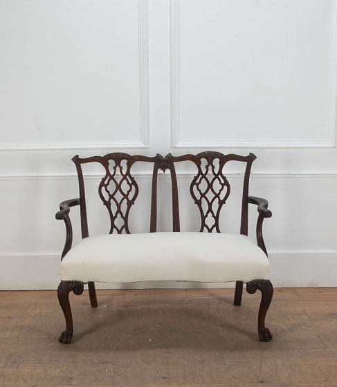 Carved Mahogany Two Seat Settee on Ball & Claw Feet