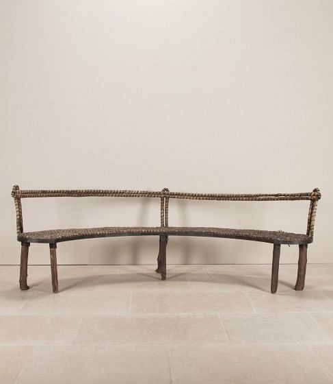 Large Early 20th Century French Primitive Curved Wooden Bench