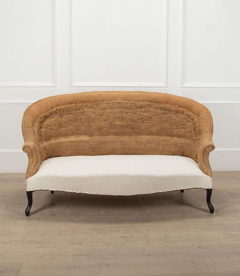 Large 19th Century French Round Back Sofa in Hessian and Calico