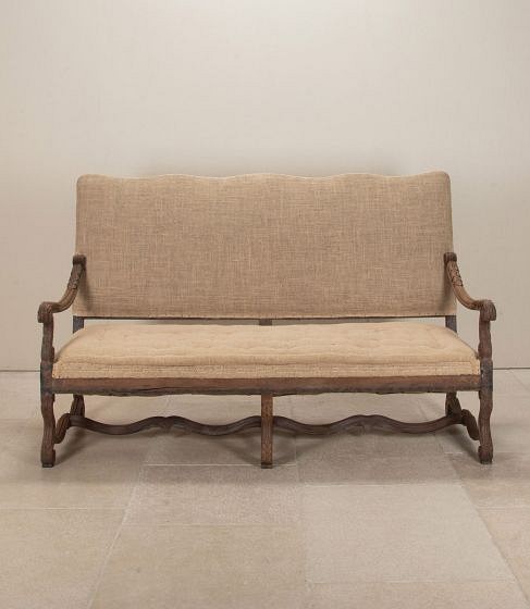19th Century French Open Arm Sofa in Hessian with Scrolling Detail