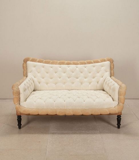 19th Century French Country House Buttoned Sofa with Rolled Edge in Calico