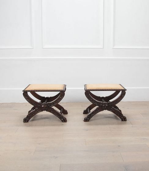 Pair of Italian 19th Century Carved X-Frame Stools