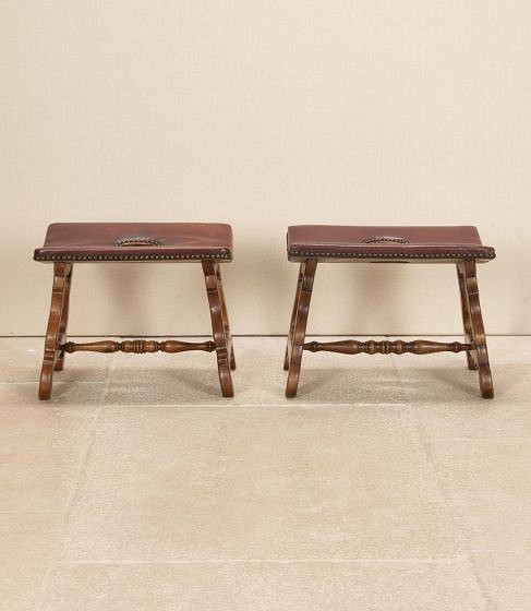 Pair of Mid-Century Spanish Studded Leather Low Stools