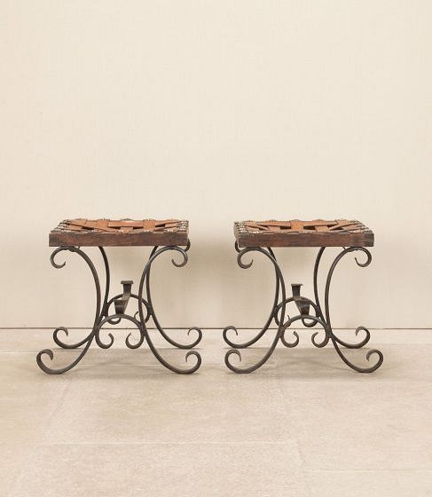 Pair of Mid-Century Spanish X-Frame Metal and Leather Stools