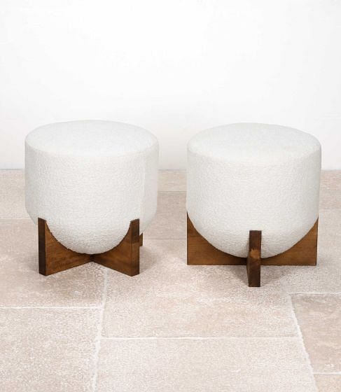 Pair of Mid-Century Italian Boucle and Wood Stools