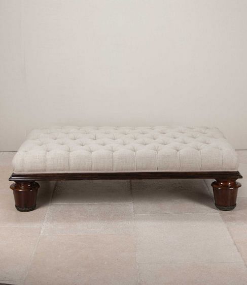 Large 20th Century English Linen and Mahogany Footstool