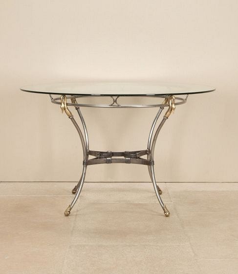 Mid-Century Spanish Brass Mounted Polished Steel Table with Glass Top