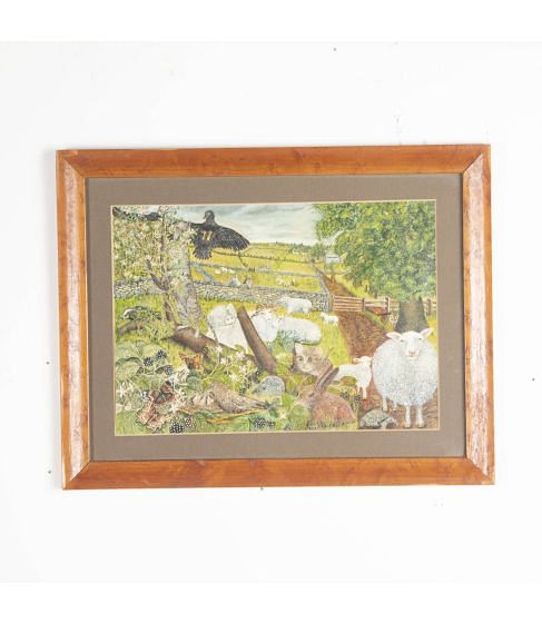 20th Century Birds and Animals Drawing in Maple Frame