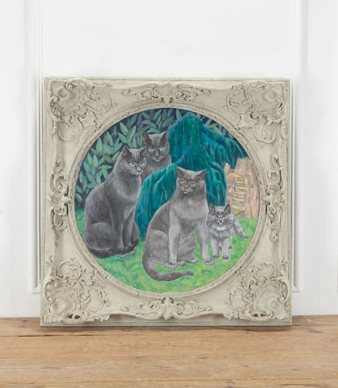 "Enigmatic Cat Family" Oil in Board by Agnes Clarke