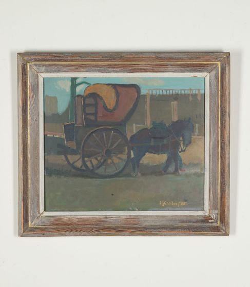 Mid-Century Swedish Original Oil on Board Painting 'Horse and Buggy'