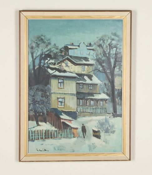 20th Century Swedish Original Oil on Canvas Painting 'A Walk in the Snow'