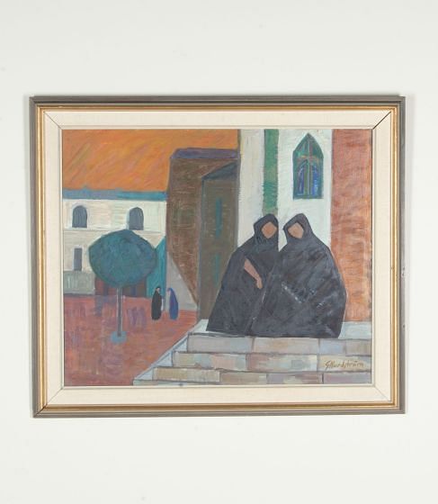 Mid-Century Swedish Oil on Board 'Gossiping in the Square'