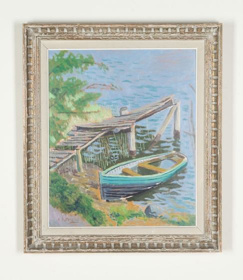 Mid-Century Swedish Oil on Board Painting 'An Old Boat at a Jetty' by Jurgen von Konow