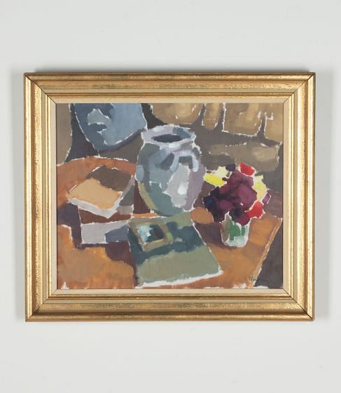 Mid-Century Swedish Oil on Canvas 'Still Life with Flowers and Books'