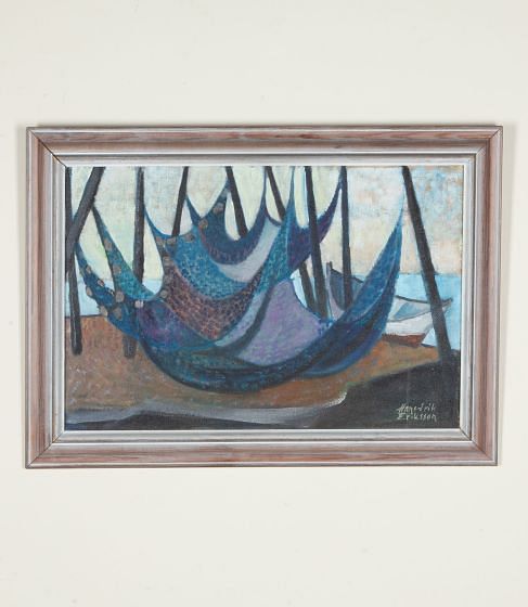 20th Century Swedish Modernist Oil on Board Painting 'Drying Nets'