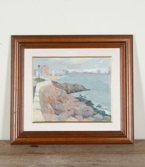 20th Century Spanish Oil on Canvas Painting 'Fishing Off the Rocks in Barcelona' by Antoni Sala Herrero (1927-2012)
