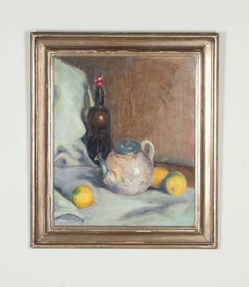 Early 20th Century English Oil on Canvas 'Still life with Teapot & Wine Bottle'