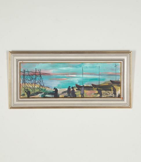 Mid-Century Swedish Oil on Canvas Painting 'Readying the Nets'