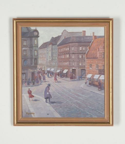 Mid-Century Swedish Oil on Canvas Painting 'A Busy Street'