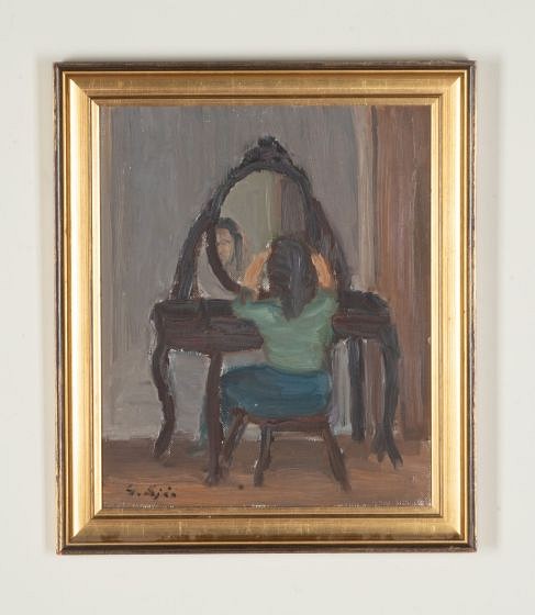 Mid-Century Swedish Oil on Board Painting 'At Her Dressing Table'