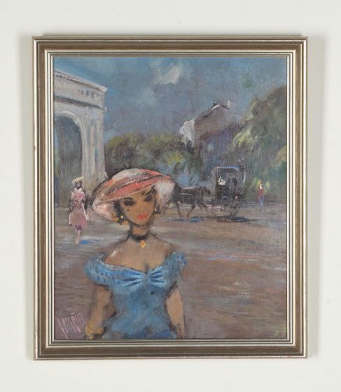Mid-Century European Oil on Board Painting 'La Parisienne'