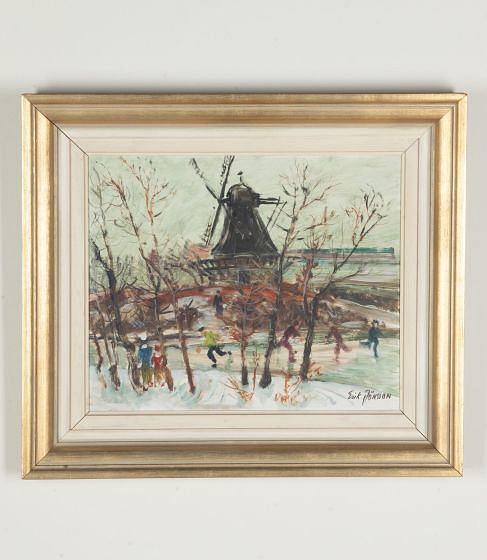Mid-Century Swedish Oil on Board 'Skating on a Frozen River'