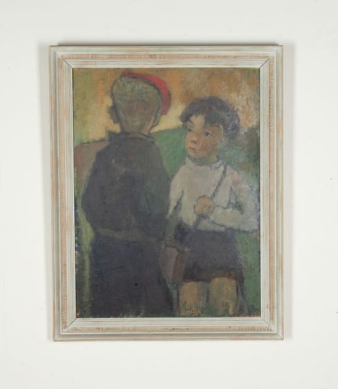 Large Mid-Century Swedish Oil on Board Painting 'Figurative Oil of Two Boys'