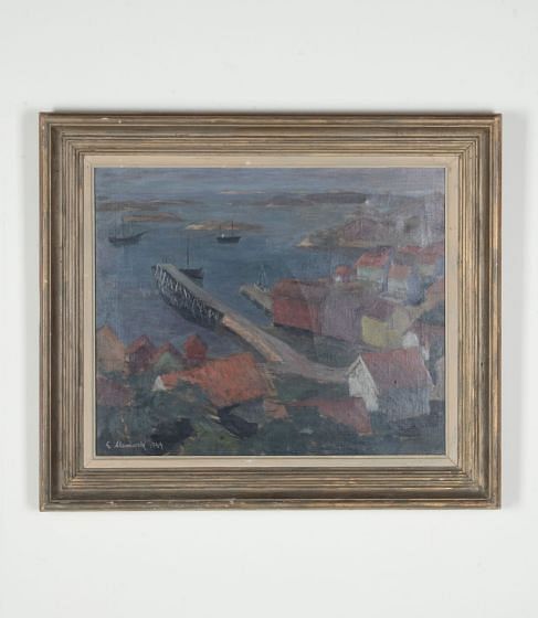 20th Century Swedish Oil on Canvas Painting 'Fishing Harbour, 1944'