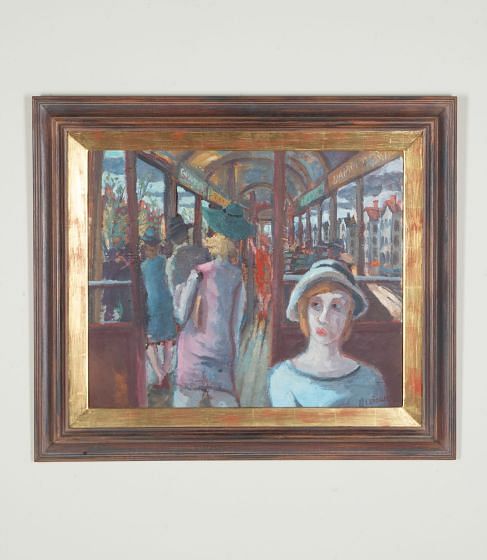20th Century Swedish Oil on Board Painting 'Figures in a Tram'