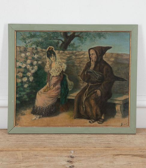 20th Century Signed Painting of A Monk and Spanish Lady