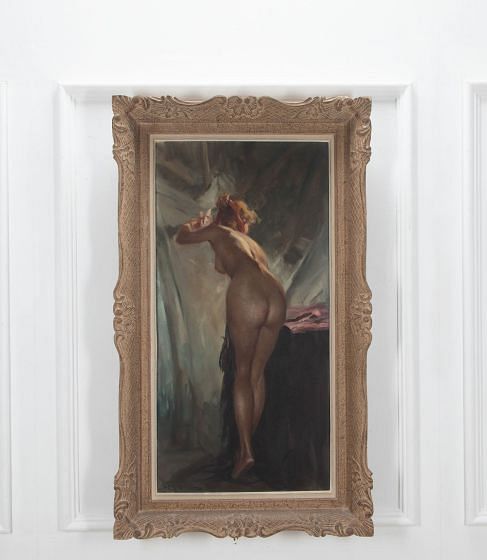 Oil Painting of a Female Nude At Drapes