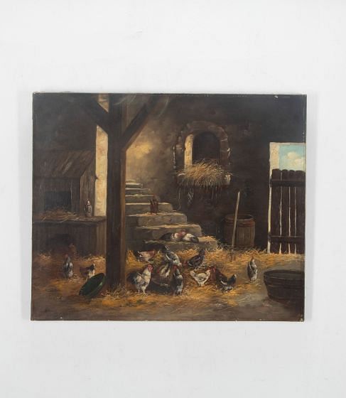 Oil On Canvas Painting Of Chickens By Bourguinan