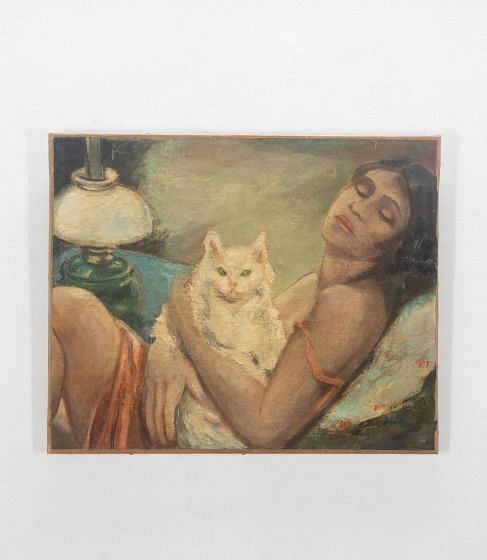 Painting Of A Reclining Female Figure With a Cat