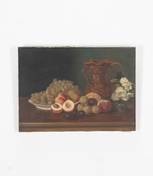 Still Life Oil Painting Of Fruit, Vase, Basket and Flowers