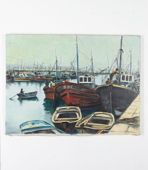 Painting of a Portuguese Fishing Port Scene by Beidier