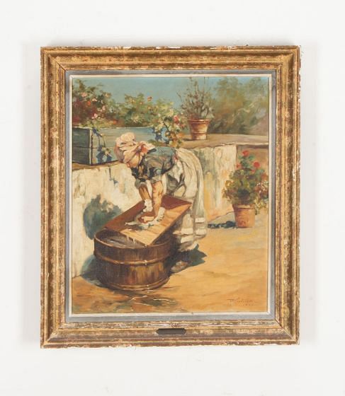 20th Century Italian Oil on Canvas Painting 'The Laundress' By Cordovado