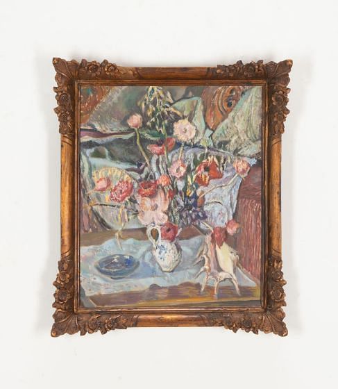 20th Century French Oil on Board Still Life Painting of Flowers and Shell